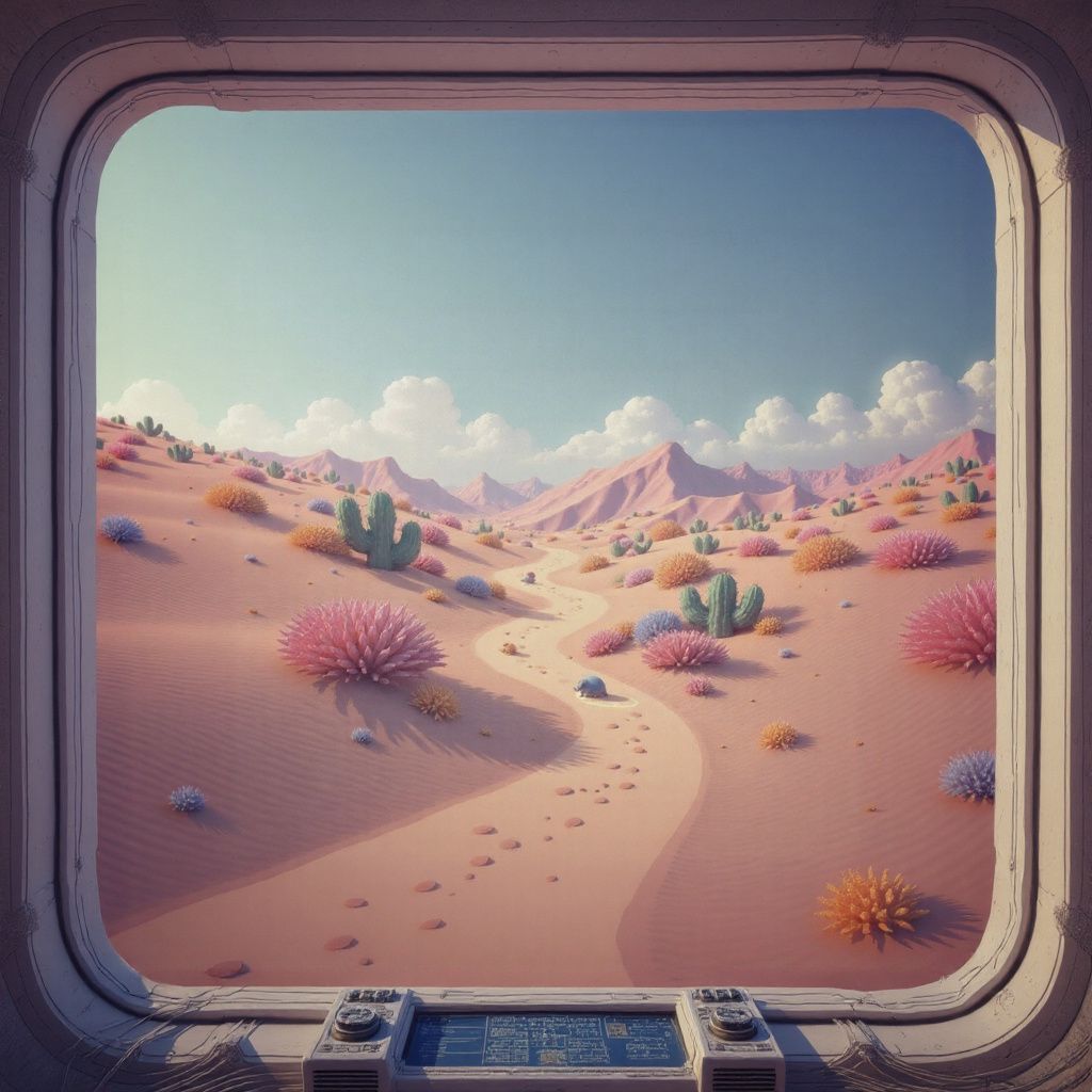 Window view of a soft pastel desert landscape with rolling hills, oversized flowers, and tiny winding paths