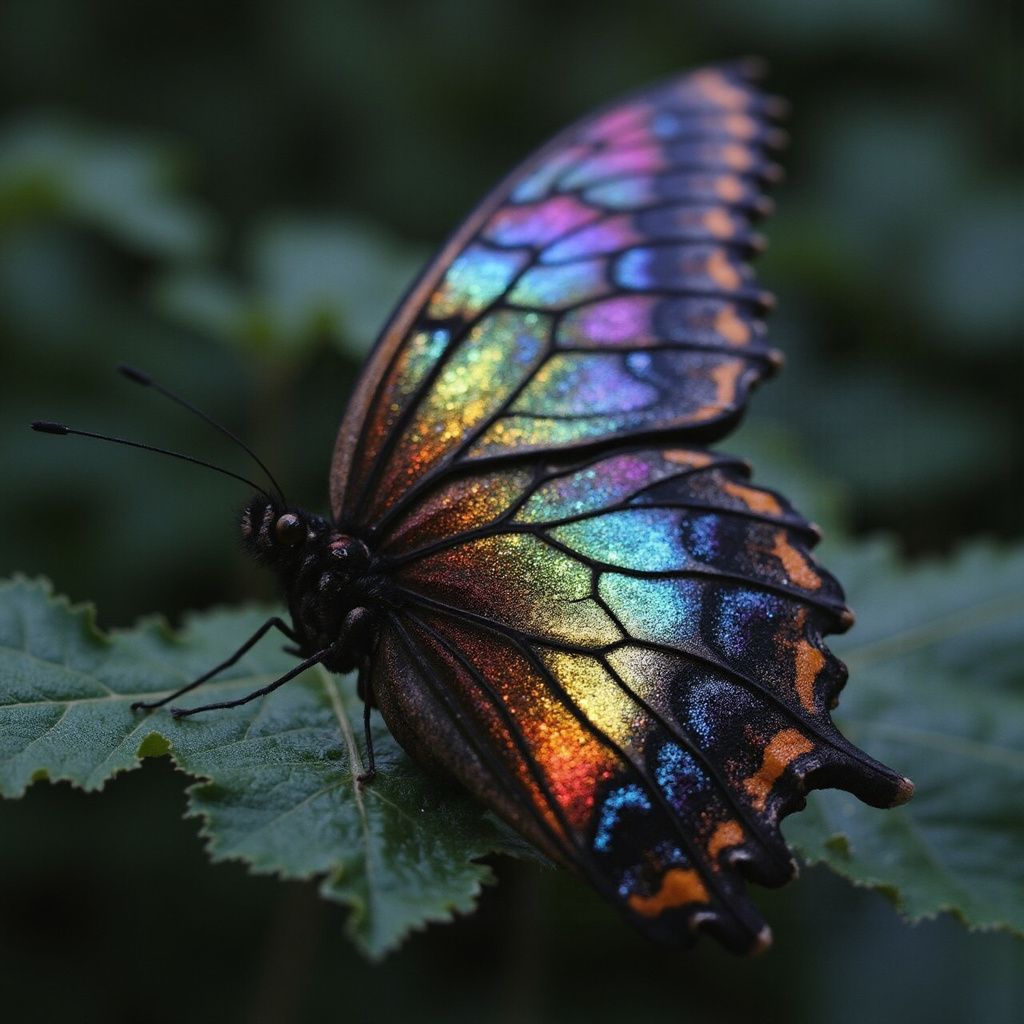A butterfly wing under magnification, revealing scales that shimmer like tiny stained glass windows in rainbow hues