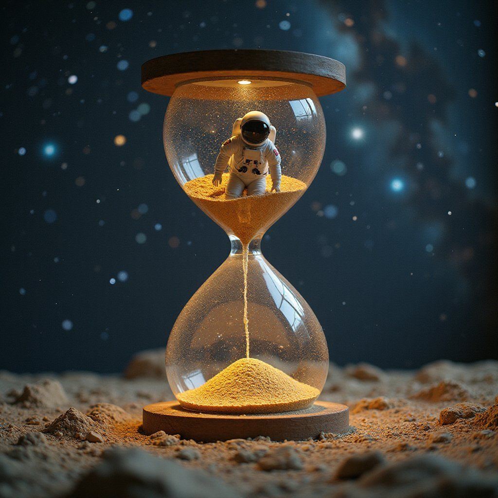 An astronaut floating inside a giant hourglass in space, surrounded by stars and glowing dust, with galaxies swirling faintly above and golden sand below. Dreamy, surreal, cinematic
