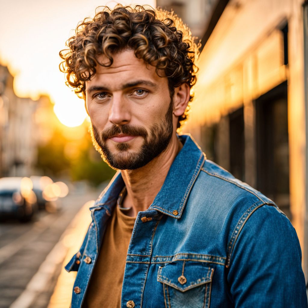 Portrait of a man with short curly hair and a beard, wearing a denim jacket in golden hour light, urban background, soft focus, calm expression