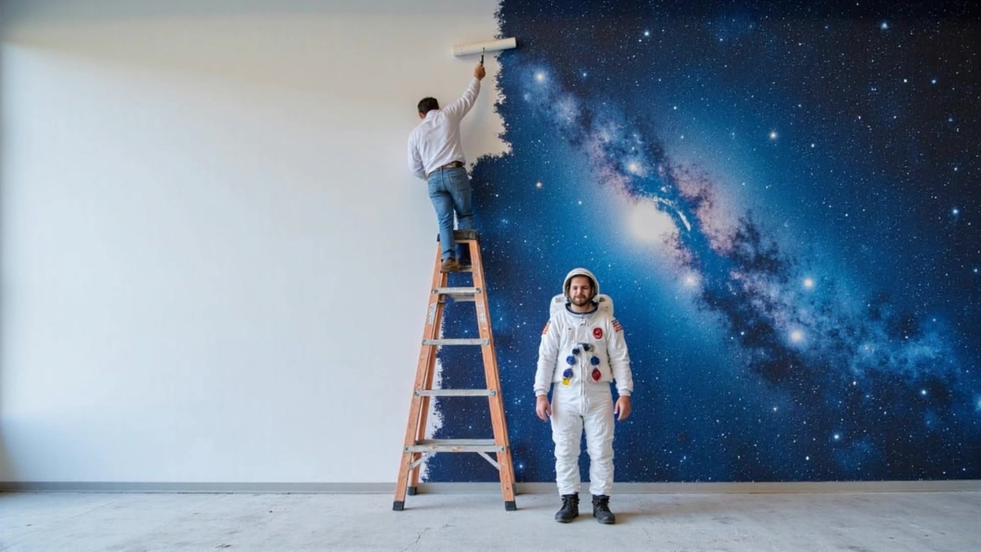 A man on a ladder paints over a galaxy wall mural with white paint while a man in an astronaut suit stands smiling