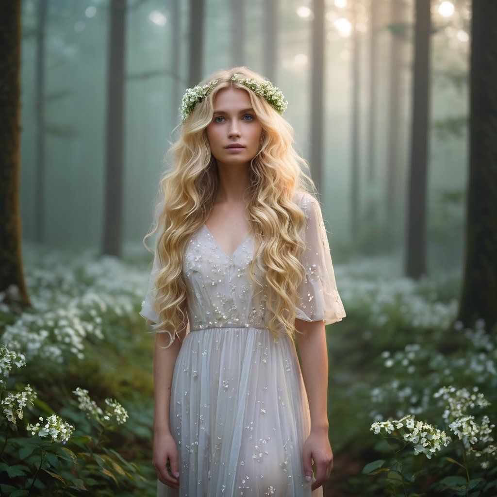 A dreamy portrait of a woman with long wavy blonde hair adorned with small white flowers, wearing a light pastel dress, standing in a misty forest at dawn, soft ethereal lighting and a serene, magical atmosphere
