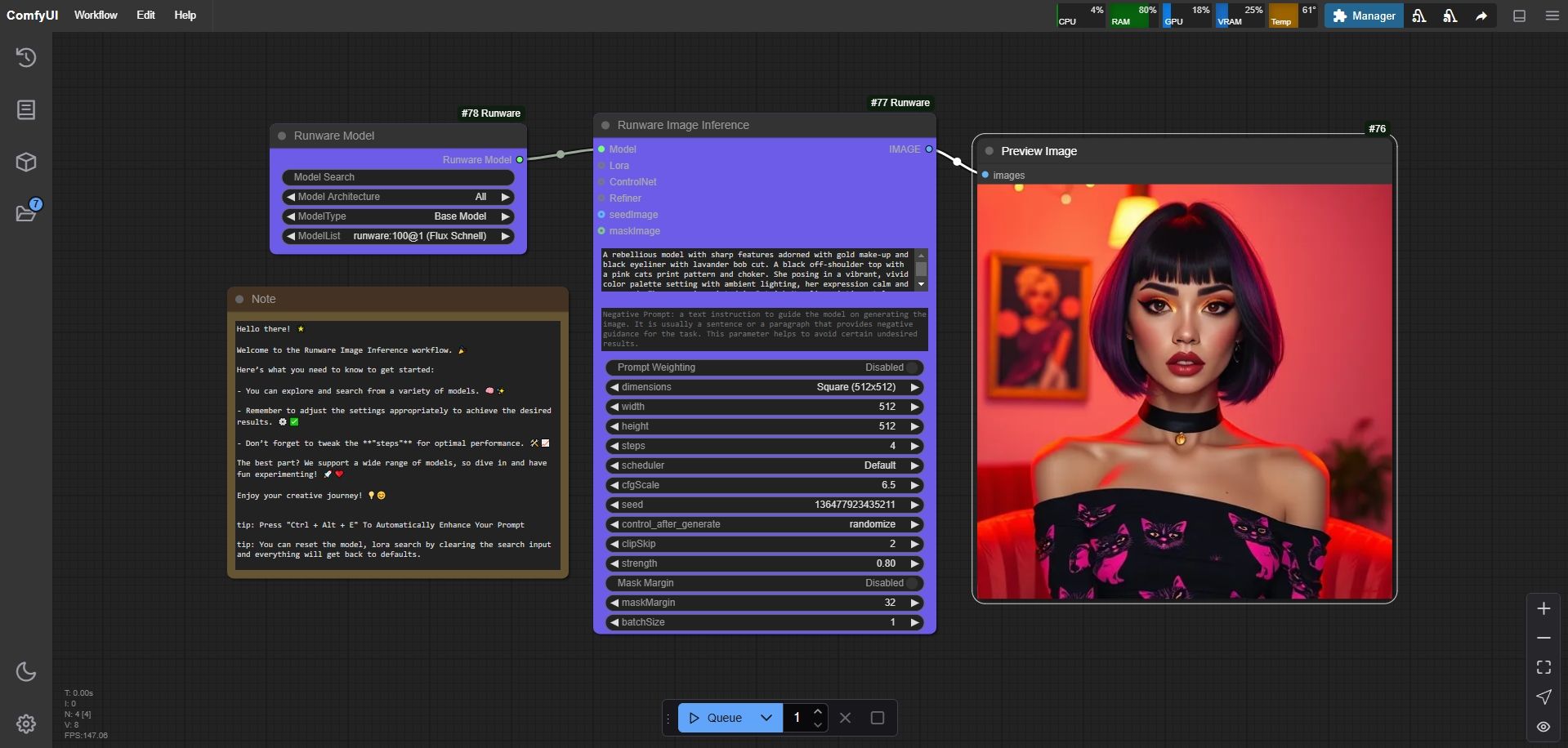 ComfyUI interface showing Runware Image Inference with model settings, prompt, and preview of a woman with vibrant hair and dark makeup