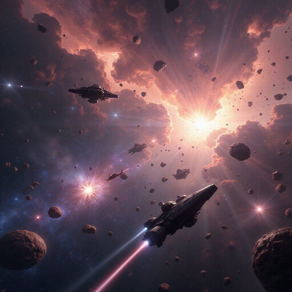 A massive sci-fi space battle with starships firing lasers across a backdrop of colorful nebulae, asteroids drifting between the chaos