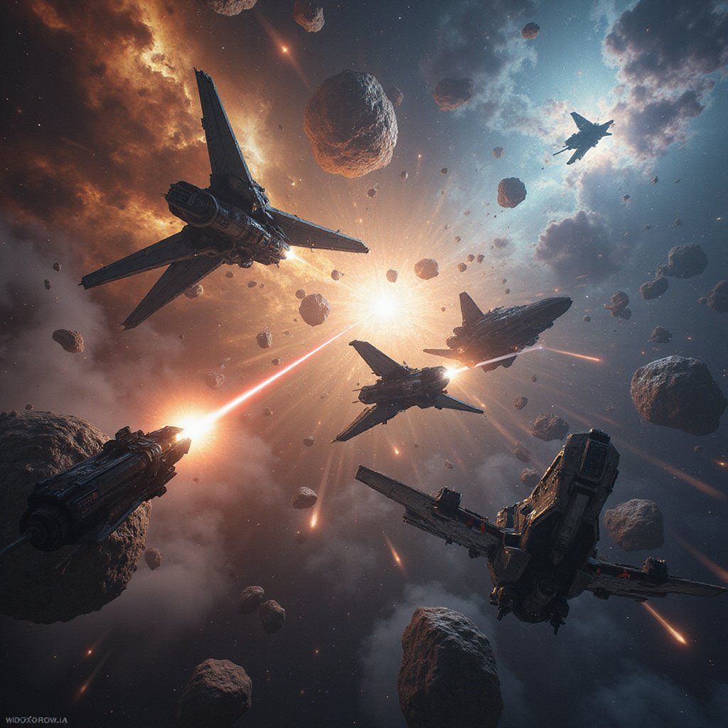 A massive sci-fi space battle with starships firing lasers across a backdrop of colorful nebulae, asteroids drifting between the chaos