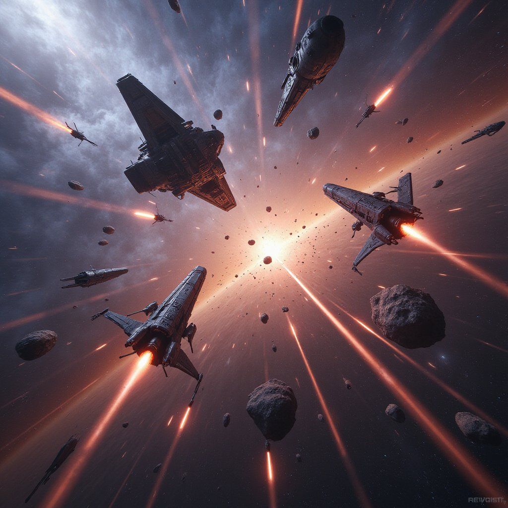 A massive sci-fi space battle with starships firing lasers across a backdrop of colorful nebulae, asteroids drifting between the chaos