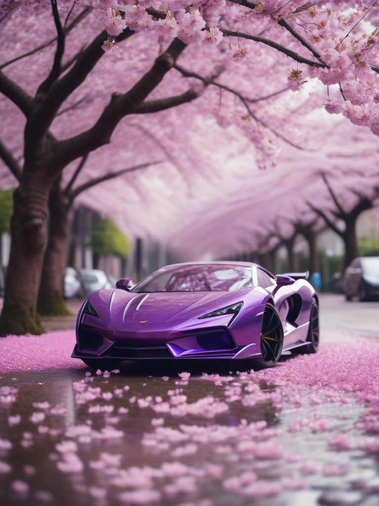 A purple supercar parked under a blooming cherry blossom tree