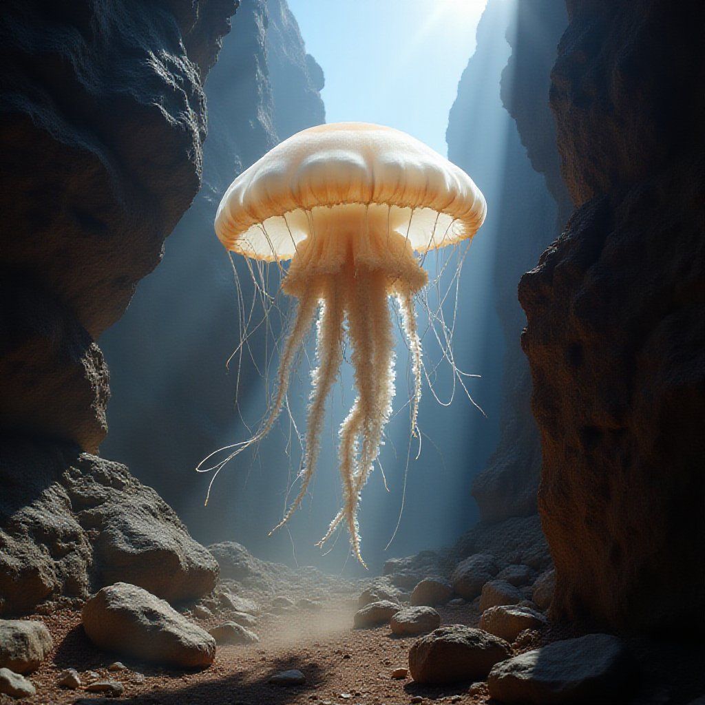 A giant jellyfish floats through a sunlit canyon, its tendrils trailing softly across the rock walls as dust dances in the air
