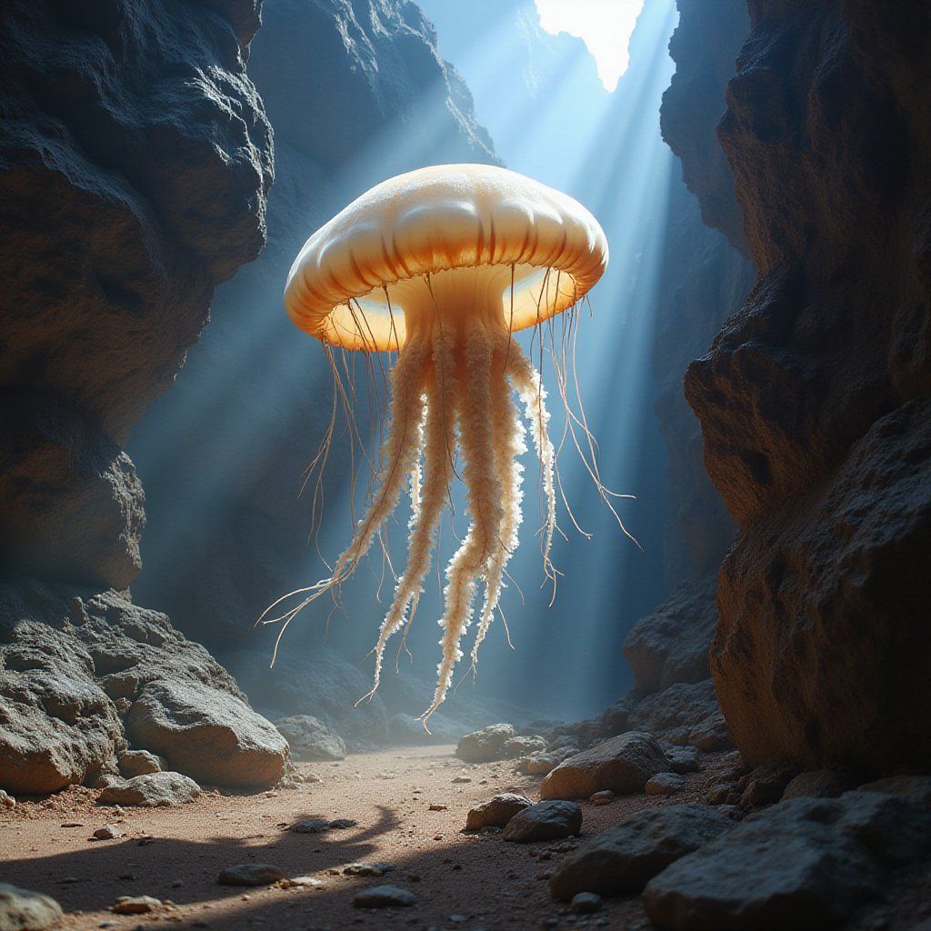 A giant jellyfish floats through a sunlit canyon, its tendrils trailing softly across the rock walls as dust dances in the air