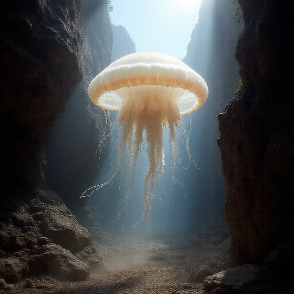 A giant jellyfish floats through a sunlit canyon, its tendrils trailing softly across the rock walls as dust dances in the air