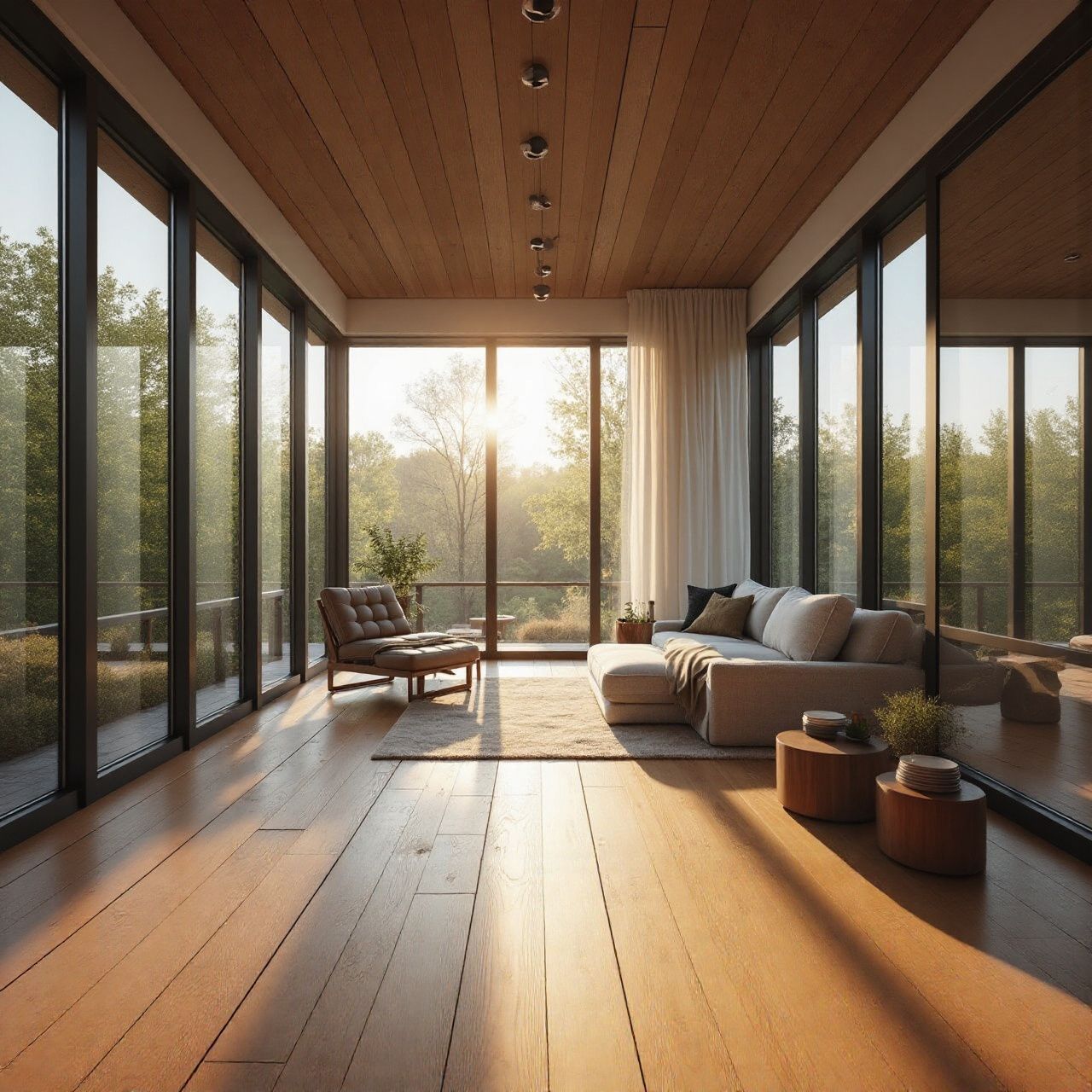 Modern living room with large windows and wooden floor, soft afternoon light
