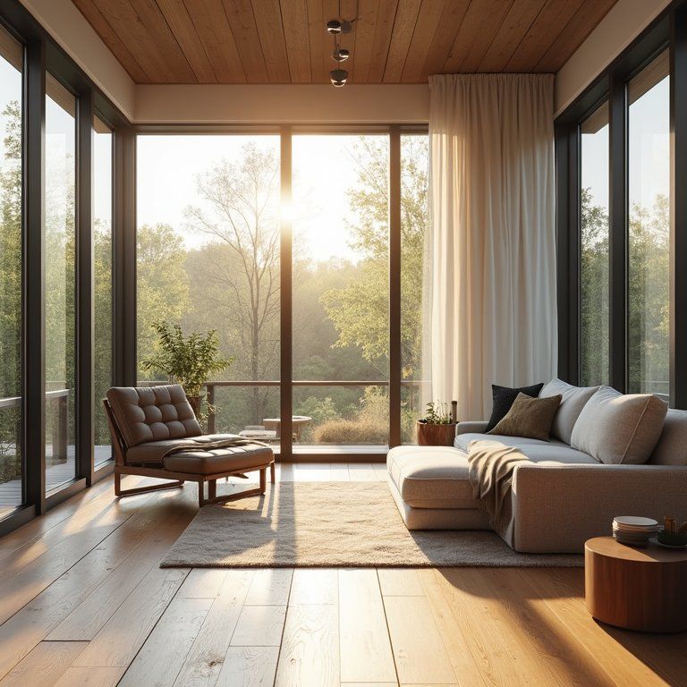 Modern living room with large windows and wooden floor, soft afternoon light