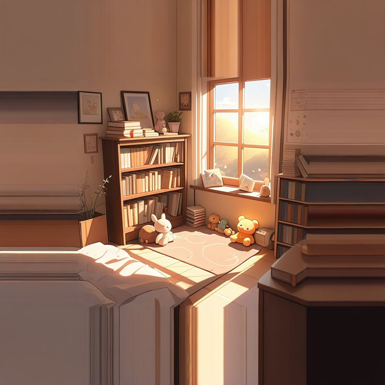 A cozy anime-style bedroom with soft lighting, books stacked near the bed, curtains slightly open to a pastel sky