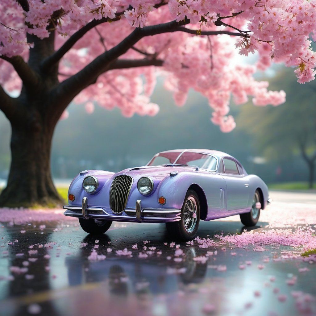 A purple supercar parked under a blooming cherry blossom tree
