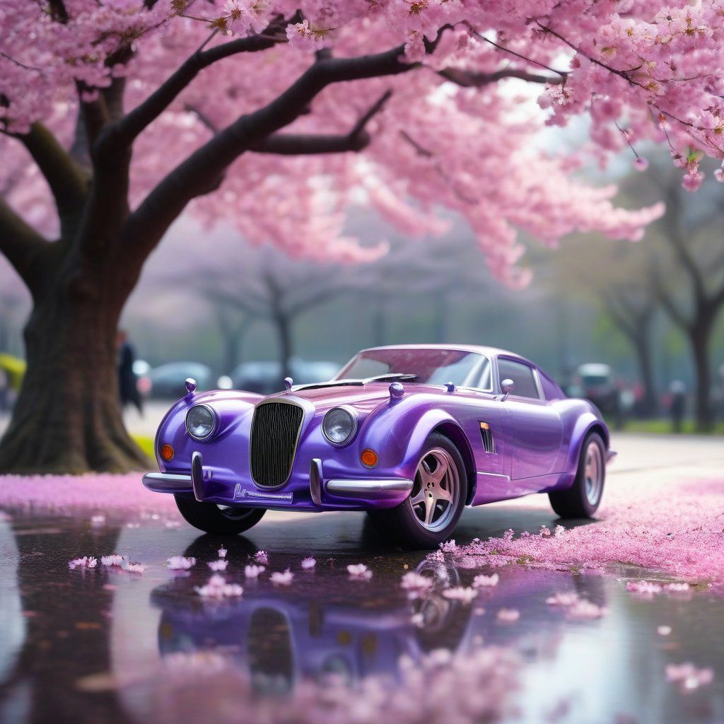 A purple supercar parked under a blooming cherry blossom tree