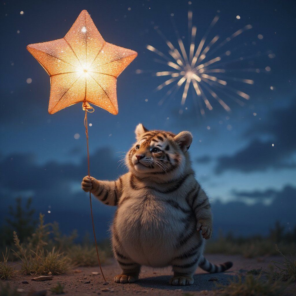 A chubby tiger holding a sparkly balloon shaped like a star, standing in front of a night sky filled with fireworks