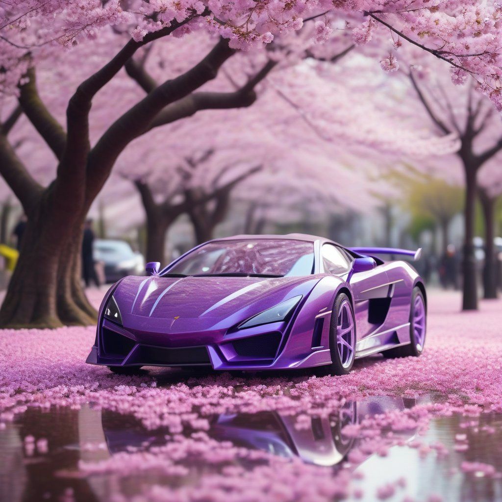 A purple supercar parked under a blooming cherry blossom tree