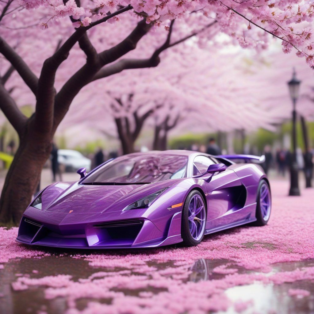A purple supercar parked under a blooming cherry blossom tree