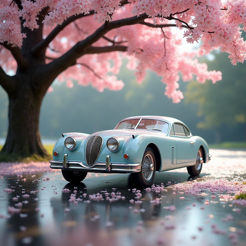 A vintage car made of glass parked under a blooming cherry blossom tree, petals falling gently on the transparent surface. Peaceful, beautiful contrast
