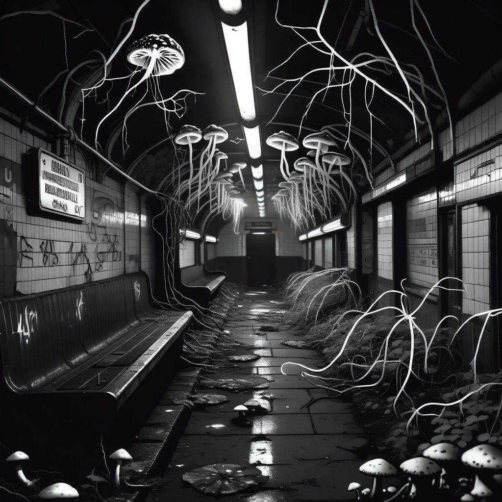 An abandoned subway station overtaken by glowing mushrooms and vines, dim light flickering from old signs. Moody, mysterious, post-apocalyptic