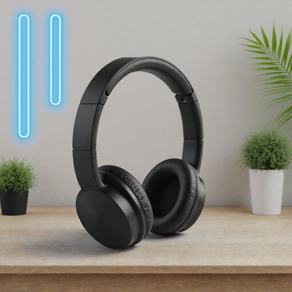 A high-quality product photo of a matte black wireless headphone set, centered composition, soft shadows, on a wood desktop with plants and blue neon lights on the wall, product photography, subtle gradient lighting for a professional look