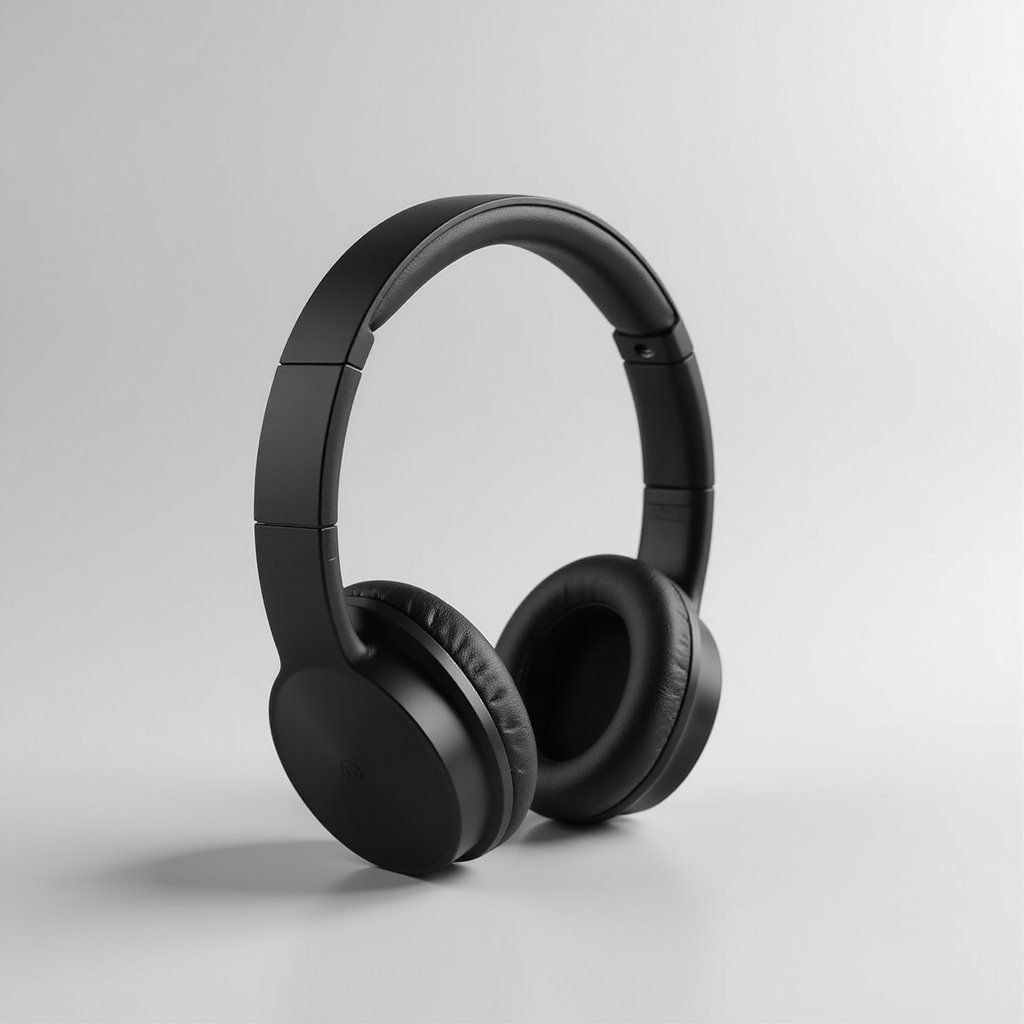 A high-quality product photo of a matte black wireless headphone set, centered composition, soft shadows, white background with slight depth, subtle gradient lighting for a professional look