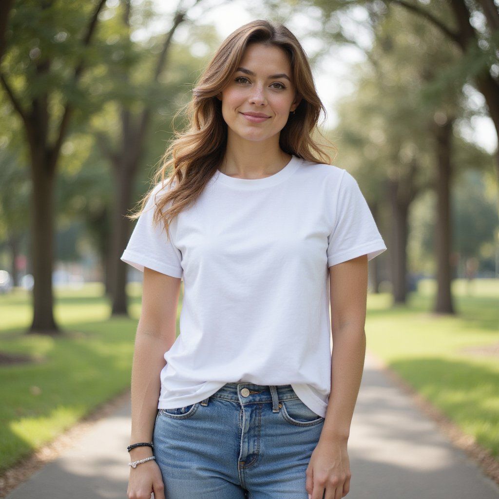 A full-body photo of a woman wearing a plain white t-shirt and jeans, standing outdoors in soft daylight, looking at the camera